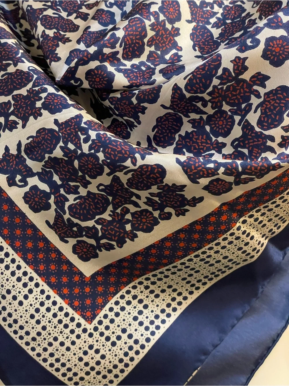 Silk Navy and Cream Floral Square Scarf